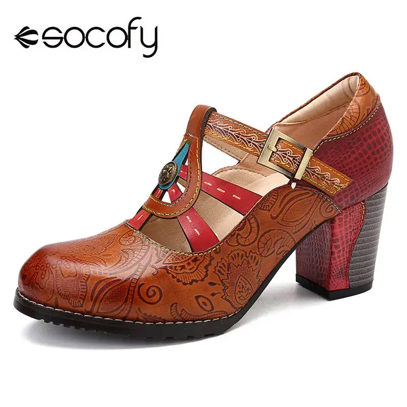 Günstige SOCOFY Eleganz Vintage Aushöhlen Chunky Ferse Leder Pumps Nähte Weben Haken Schleife Retro Schuhe Frauen Bohemian Pumpen Neue