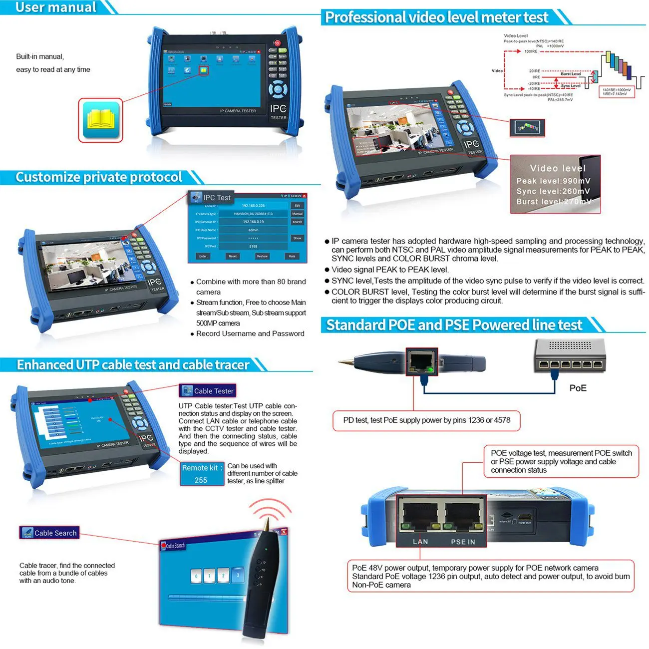 Cctv безопасности Тесты er монитор Ipc Sdi Tdr Pom мульти-Функция 7 дюймов Экран Камера Тесты Onvif/Wi-Fi Poe Full Функция s Ipc-8600Mo