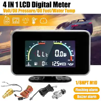 

12-24V Universal 4in1 LCD Car Digital ALARM Gauge Voltmeter Oil Pressure Fuel Water Temp with cable