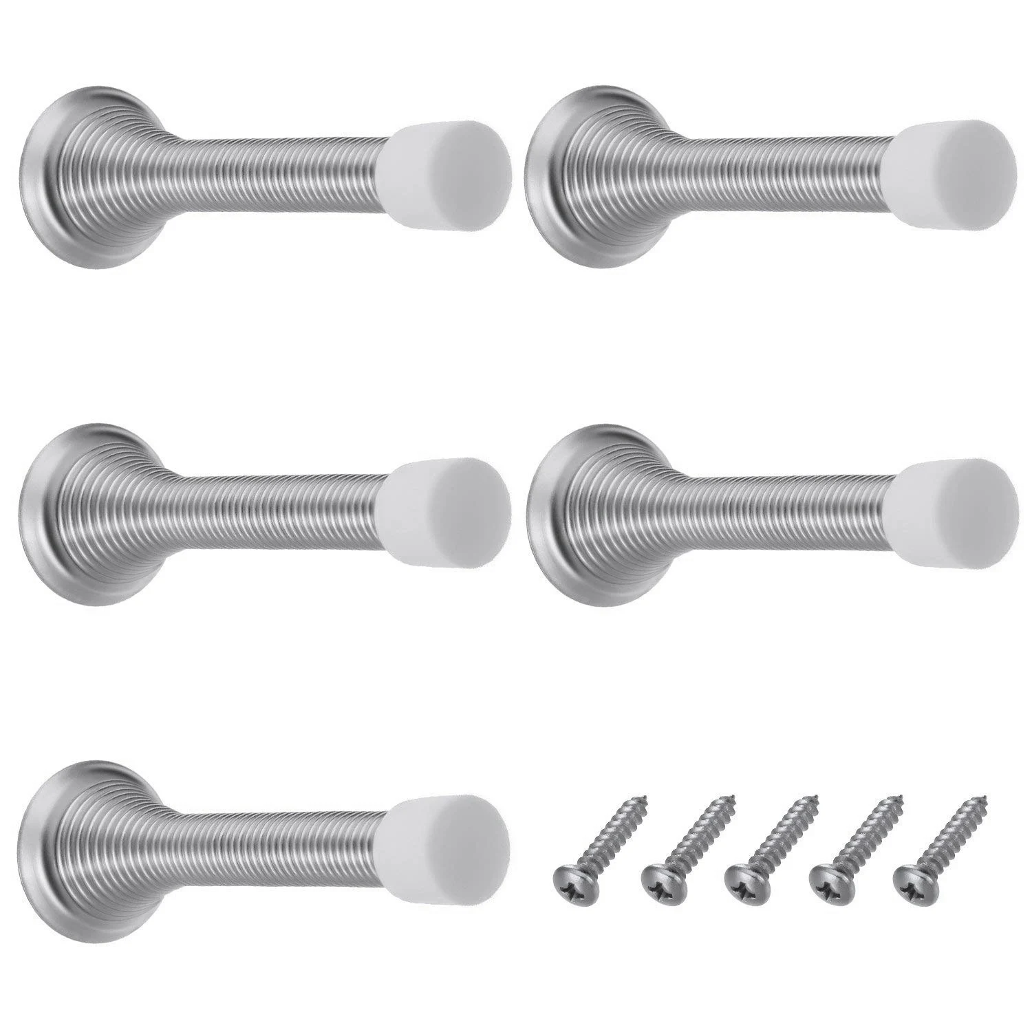 

New 5 Pack 85 mm Spring Door Stop Metal Door Stoppers with Screws and Base Plate (Silver)