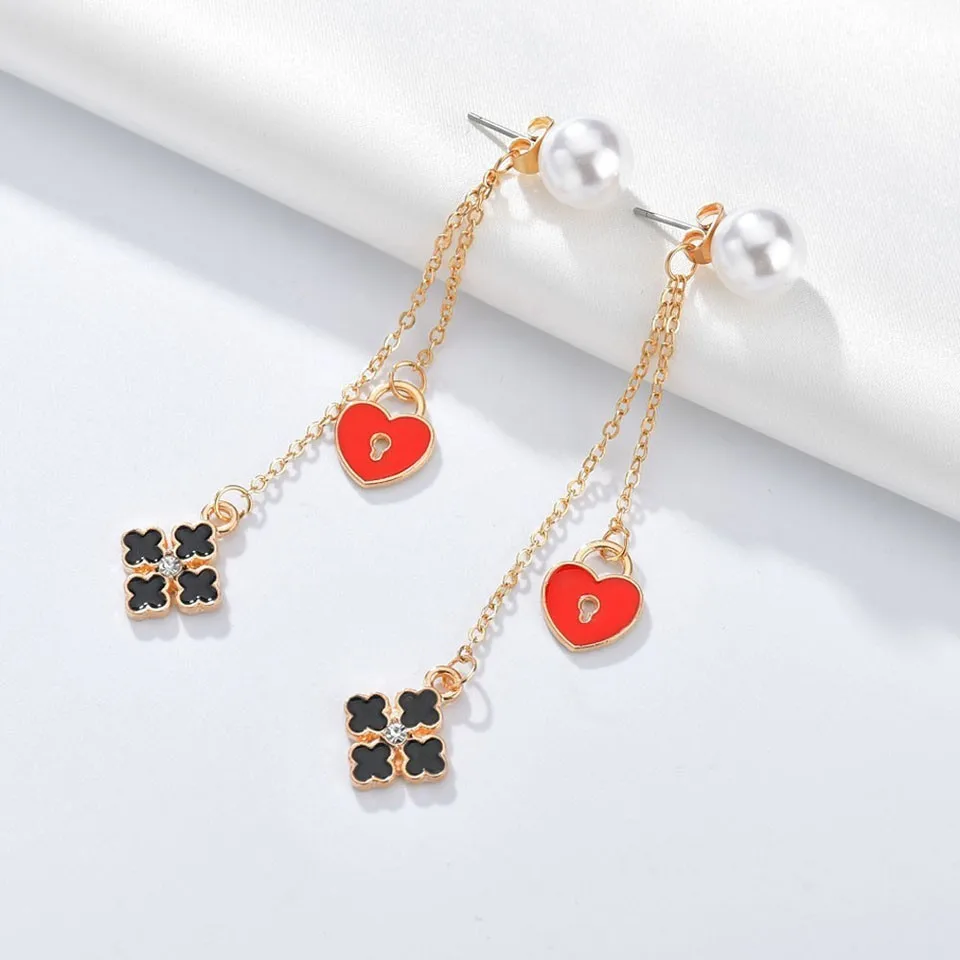 

Korean Drop Earrings For Women Pearl Heart Lock Square Design Earrings Cute Romantic Earrings Handmade Earring Wedding Jewelry