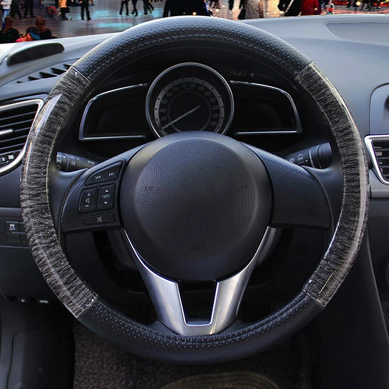 

15" Gorgeous Fashion Stitching Steering Wheel Cover Non-slip Breathable Black Car Steering Wheel Cover 38cm
