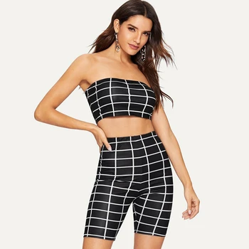 

Sexy Women two piece set Plaid Sleeveless Crop Tops Short Pants Ladies Casual Slim Summer Clubwear new 2019