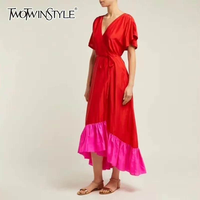 

TWOTWINSTYLE Elegant Asymmetrical Dress Women V Neck Short Sleeve High Waist Lace Up Hit Color Long Dresses Female Fashion 2019