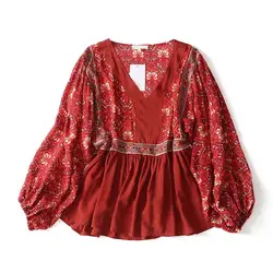 Весна Лето красный цветочный принт блузка v-образный вырез с длинным рукавом женская рубашка Топ Бохо хиппи Blusa женская одежда