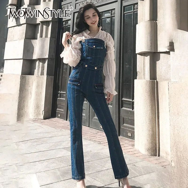 TWOTWINSTYLE Korean Fashion Denim Jumpsuit For Women High Waist Ankle