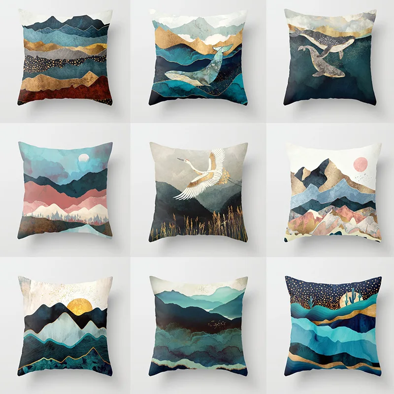 

Geometric Mountain Peaks Sun Whale Creative Cushion Cover landscape Office Living Room covers decoration Home Decor 45x45cm