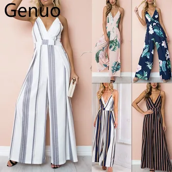 

2019 Fashion Women Jumpsuit Sleeveless Striped Jumpsuit Summer Romper Wide Leg Trousers Womens V-neck Casual Clubwear Outfits