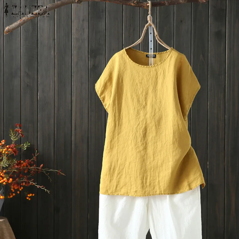 

2019 Summer ZANZEA Shirt Women Short Sleeve Blouse Ladies Casual Loose Cotton Tops Blusas Vintage Womens Clothing Plus Size 5XL