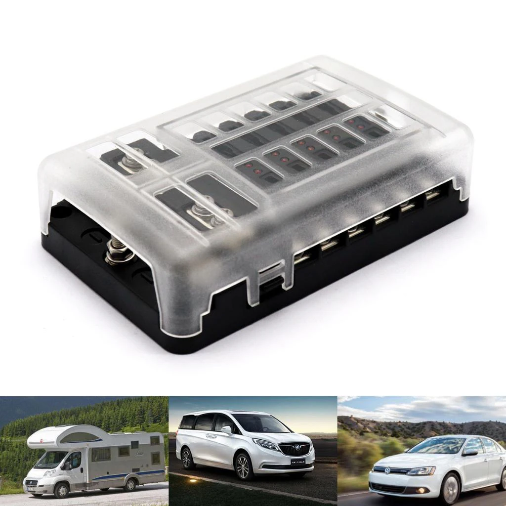 

12-Way Blade Fuse Box 32V LED Illuminated Automotive Fuse Block for Car Boat Marine Trike with LED Indicator Light Kit