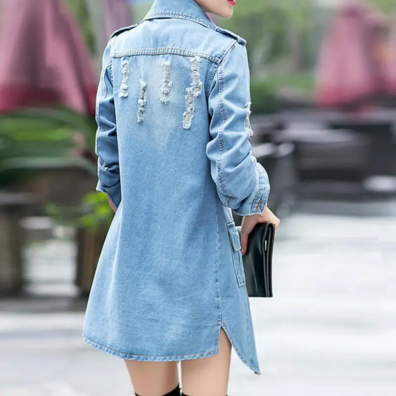Spring Denim Long Jacket Coat Blue Slim Fit Wild Jean Jacket Fashionable Streetwear Female Coat Jean Long Sleeve Pockets Jackets