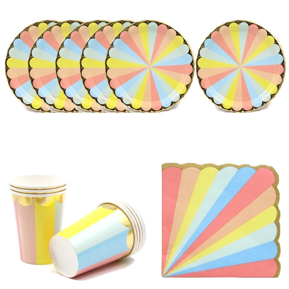 Rainbow Color Set Tableware Birthday Party Disposable Paper Cup/Paper Plate Happy Supplies For Home Children | Дом и сад