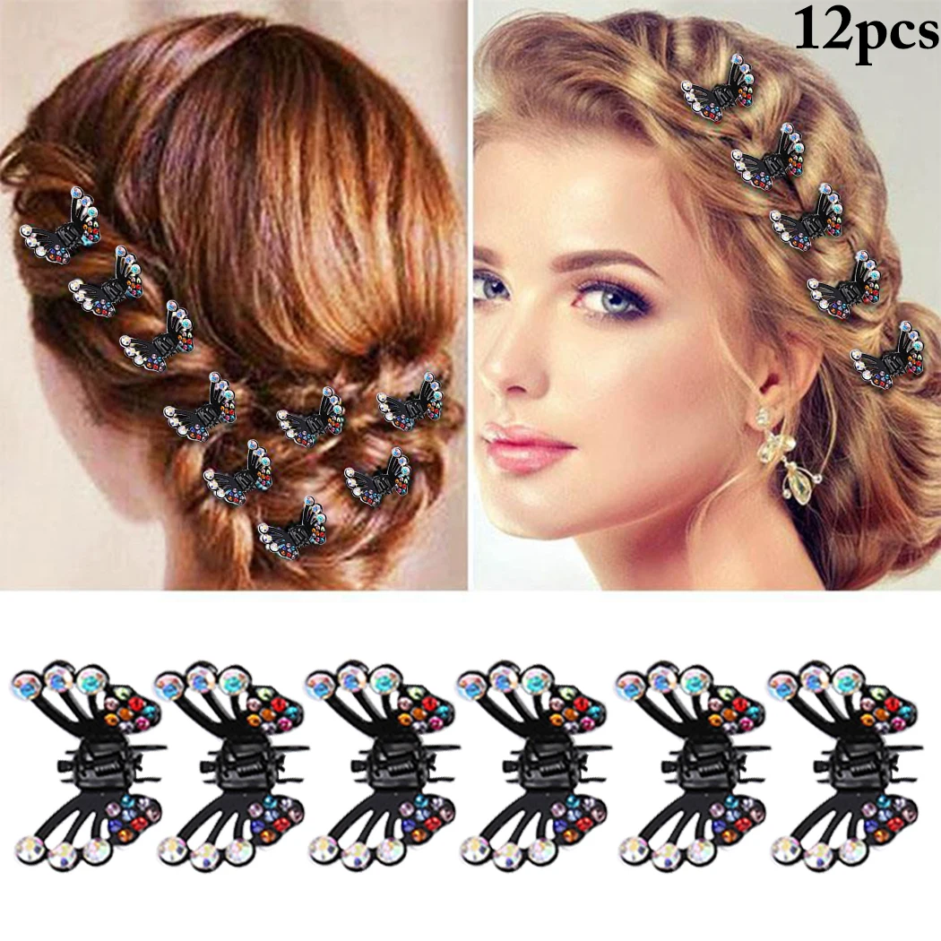 

12pcs Rhinestone Butterfly Small Hair Claw Hairpins Hair Accessories Ornaments Hair Clips Hairgrip for Women Girls Kids
