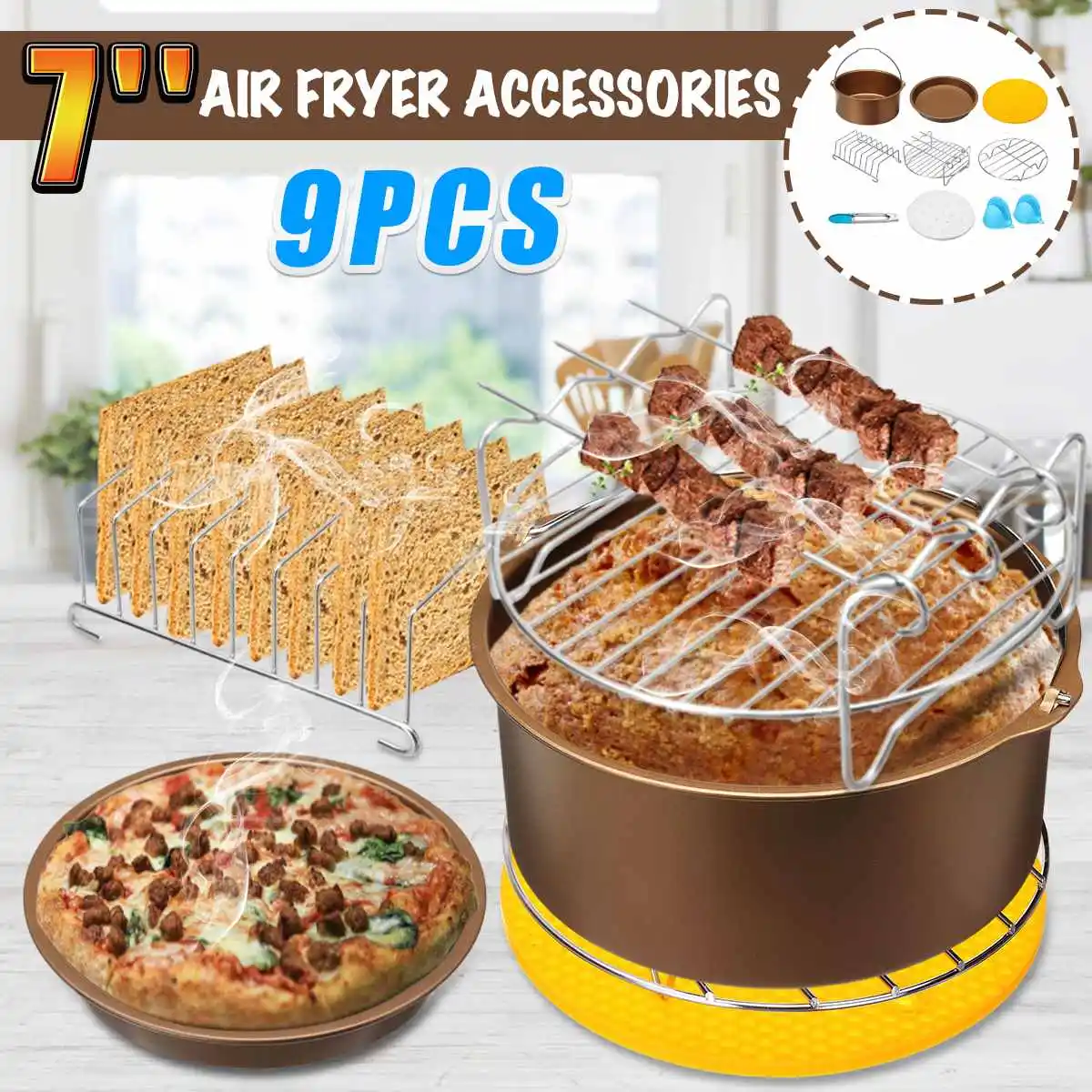 

9pcs 7" Air Fryer Kitchen Cooking Tools For 3.2qt-5.8q Air Fryer Accessories Cake Pizza Bread Baking Pan Kit Drop Shipping