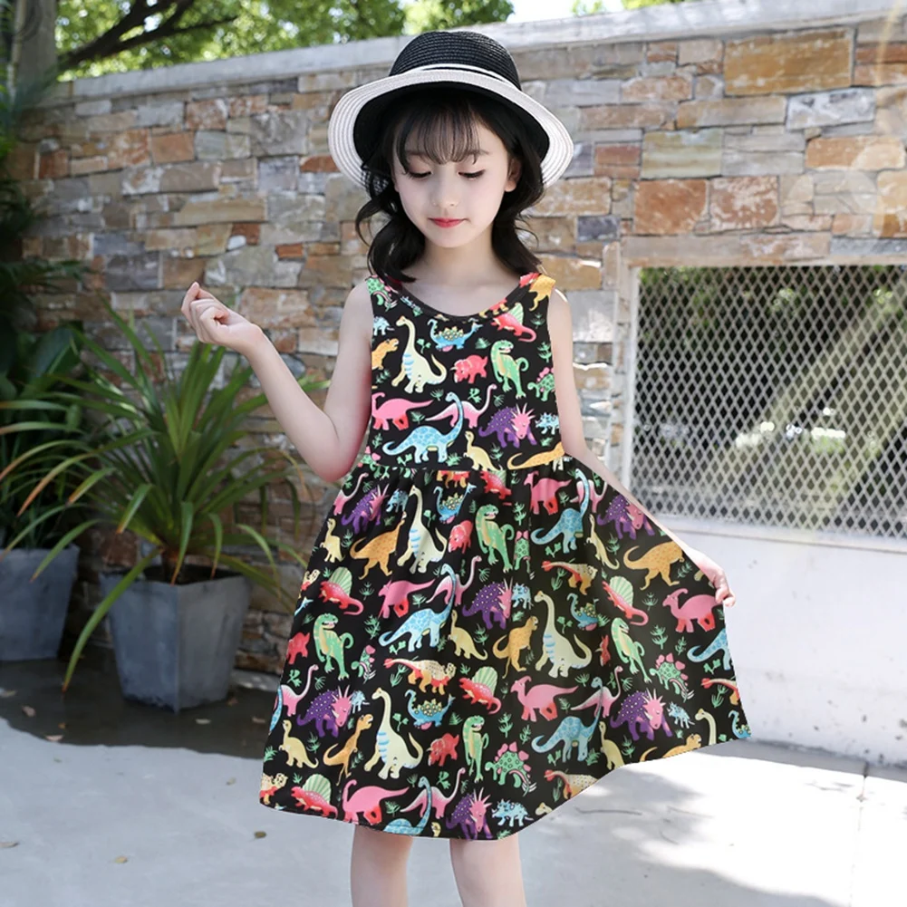 

Kids Girls Sleeveless Round Neck Dress Black Dinosaur Print Princess Dress