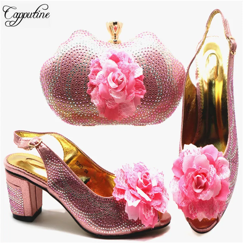Capputine Nigerian Elegant Party Shoes And Bag Sets African Decorated With Rhinestone High Heels Shoes And Purse Set For Party