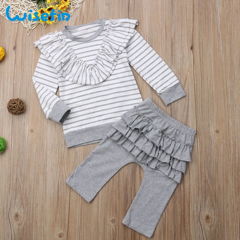 

Wisefin Ruffles Baby Girl Clothes Striped Newborn Infant Clothing Set Cotton T-shirt Tops+Pants Fall Outfit Long Sleeve Baby Set
