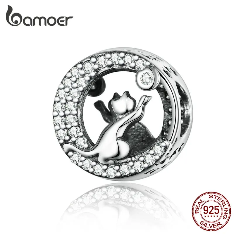 

BAMOER 925 Sterling Silver Two Kitty with Moon Charm fit for Original Silver 925 Bracelet Beads for Jewelry Making SCC1203