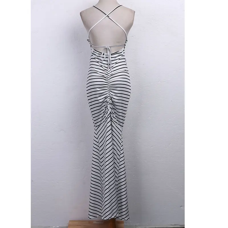 Summer Women Vintage Boho Long Maxi Evening Party Beach Dress Sleeveless Striped High Waist Backless Skinny Long Dress