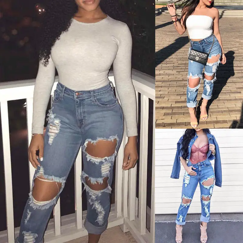 

HIRIGIN Fashion Women High Waist Jeans Ripped Distressed Slim Denim Pants Trouser Plus Size Suits