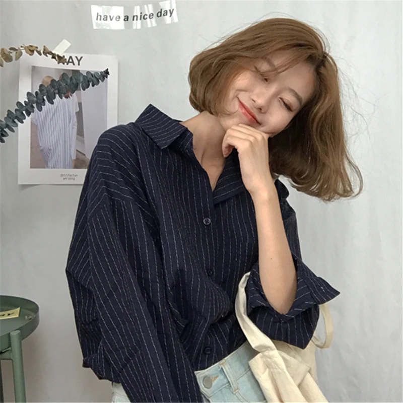 

Lychee Girls Office Lady Style Striped Women Blouse Shirt Turn-down Collar Long Sleeve Blouse Spring Autumn Female Stripe Shirt