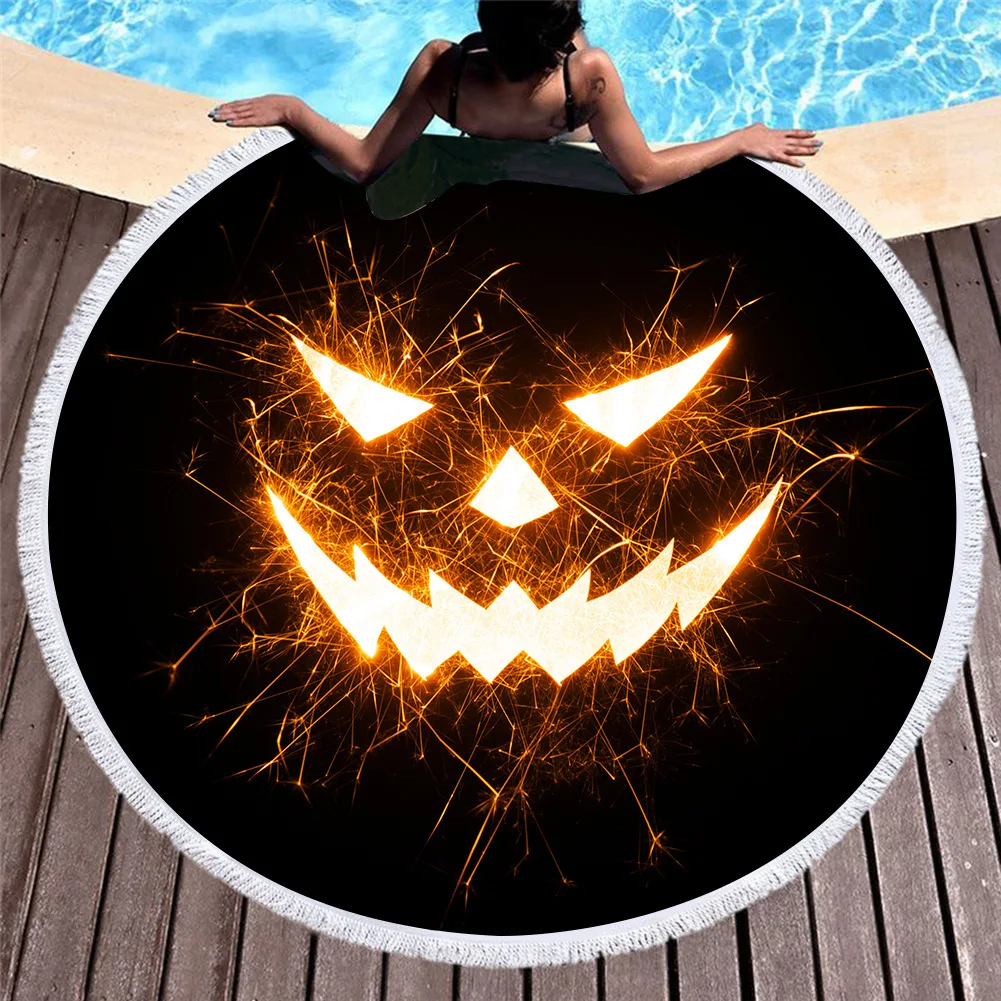 

3d Printed Beach Towel Face Eyes Halloween Gift Round Microfiber Bath Towel For Home Decor Summer Large Tassels Toalla Bath Yoga