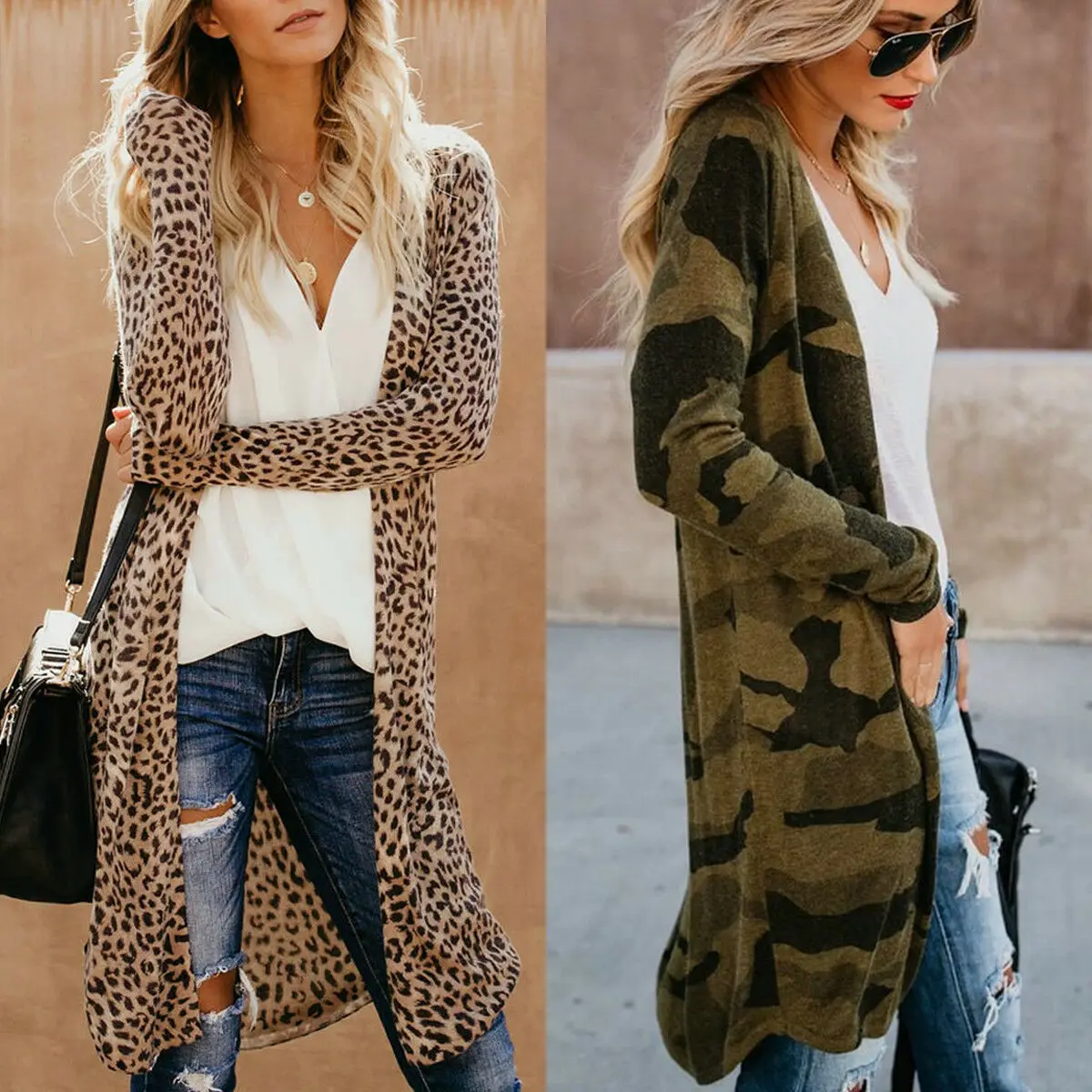 Fashion Womens Leopard Kimono Cardigan Open Front Coat Camo Long Sleeve Cover Clothes Long Maxi Female Jacket Costumes