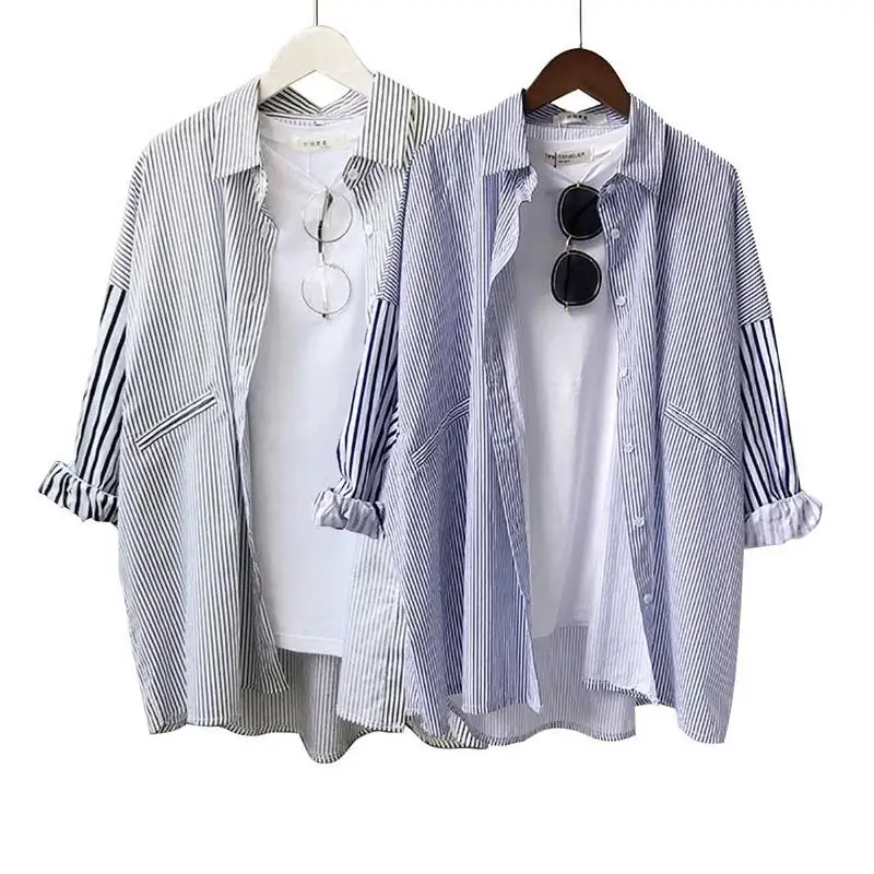 Women's Leisure Striped Loose Jacket Female Long Sleeve All-Matched Korean Style Stitching Classic Coat New | Женская одежда