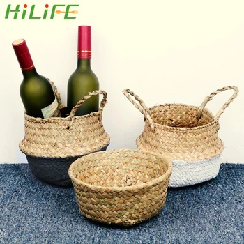 

HILIFE Foldable Sundries Storage Basket Textile Organizer Handmade Woven Basket Natural Sea Straw Home Storage Organizer