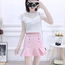 2019 Fashion Suits Sweet Hollow Out Hook Flower Bud Tall Waist Skirt Falbala Two-Piece Clothing Set Women Outfit Lace Blouse plain lace patchwork falbala blouse