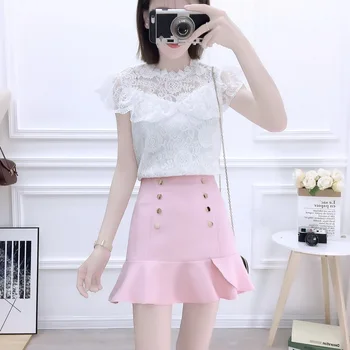 

2019 Fashion Suits Sweet Hollow Out Hook Flower Bud Tall Waist Skirt Falbala Two-Piece Clothing Set Women Outfit Lace Blouse