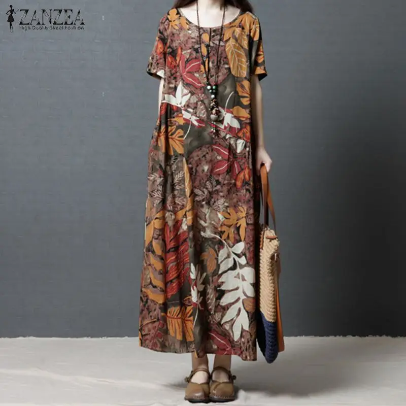 

ZANZEA Women Vintage Summer O Neck Short Sleeve Floral Printed Bohemian Maxi Long Dress Vestido Casual Cotton Linen Beach Dress