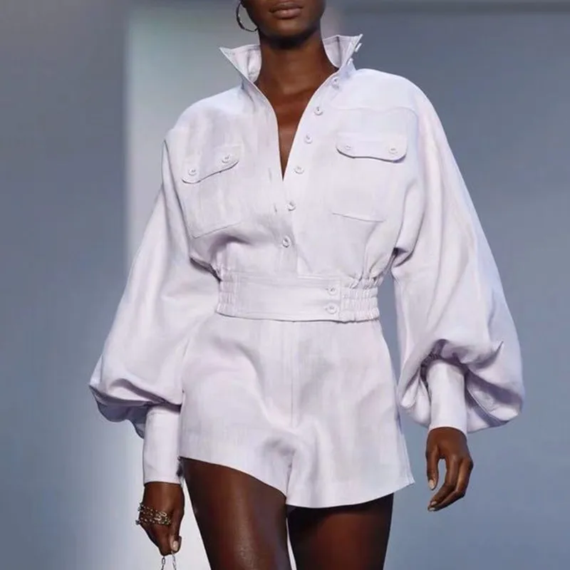 

[MENKAY] White Shirt Shorts Women Two Piece Sets Lantern Sleeve Blouse Female High Waist Shorts Suits Spring Fashion Clothes