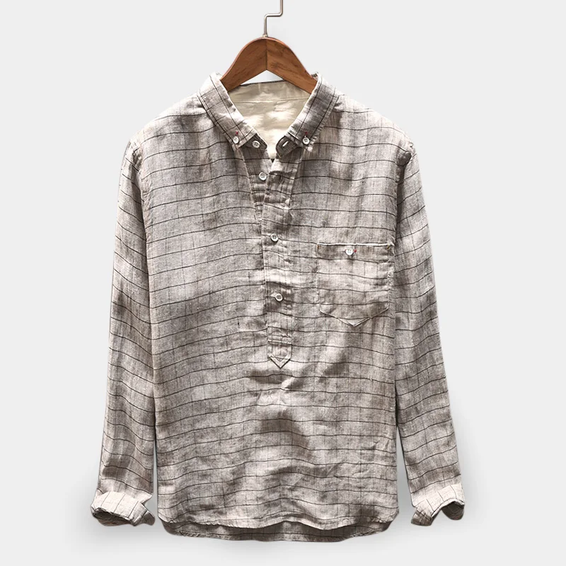 

Vintage Plaid Shirt Men Cotton Linen Long Sleeve Tops Lapel Neck Loose Comfy Fashion Blouse Casual Men Shirt Camisa 2019 M-4XL