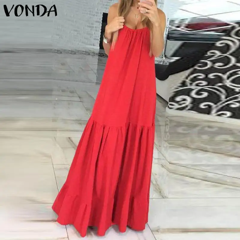 Богемное женское платье VONDA летнее сексуальное платье без рукавов на бретельках с рюшами для женщин макси длинное платье размера плюс