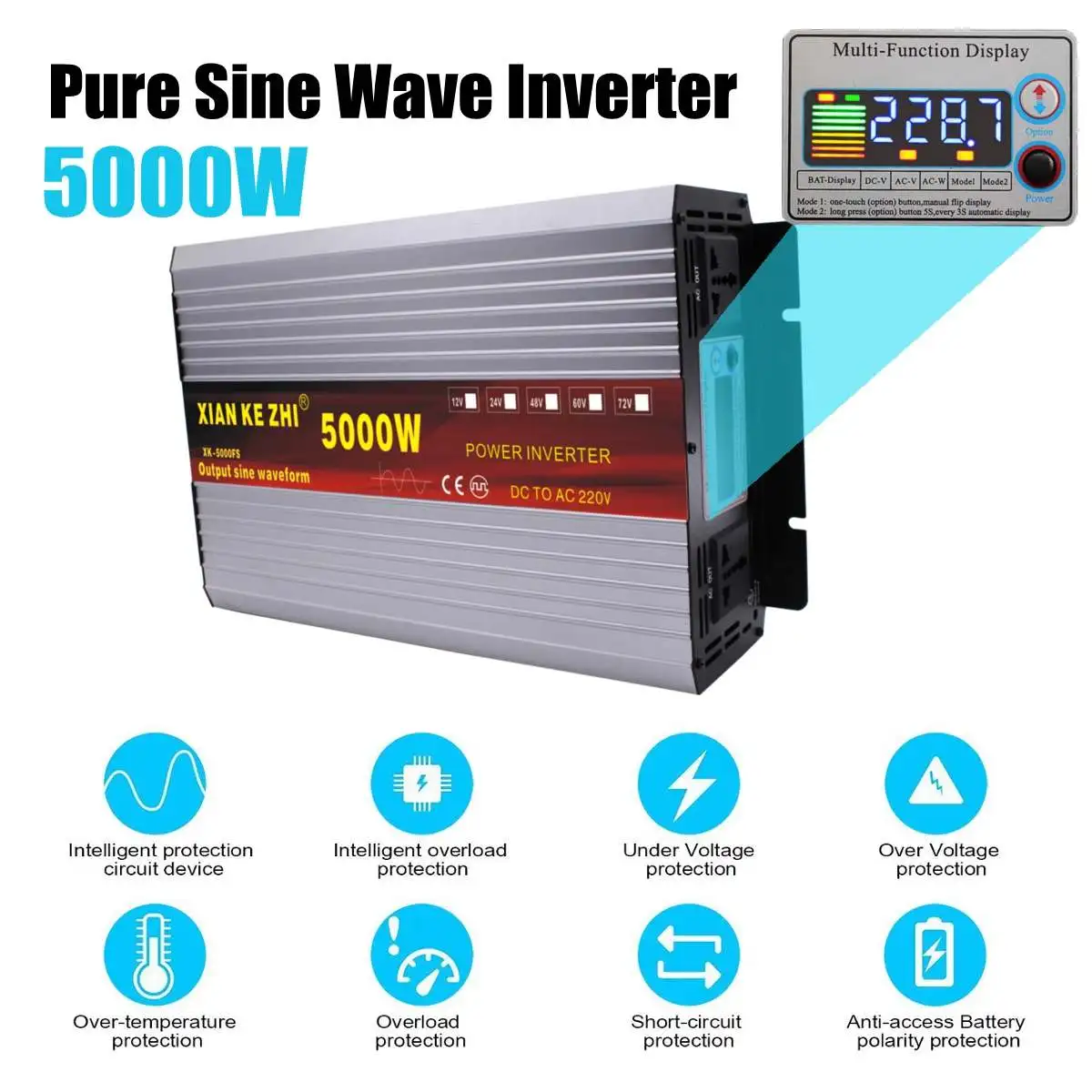 

Intelligent 5000W Pure Sine Wave Inverter DC 12/24/48/60/72V TO AC 220V 50Hz Power Inverter Converter LCD Display