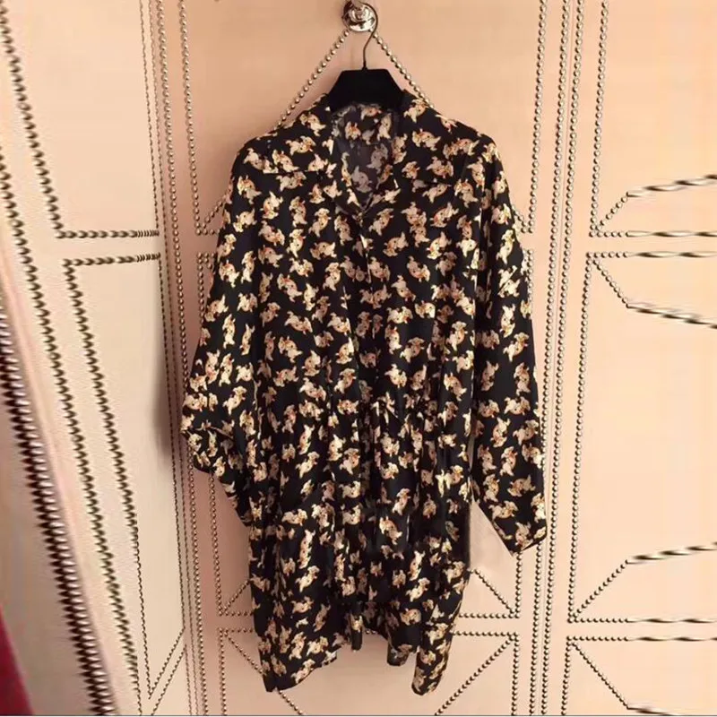 

2019 Summer Runway Cartoon Animal Print Women Shirt Dress Long Batwing Sleeve Female Loose Mini Dresses Casual Clothes