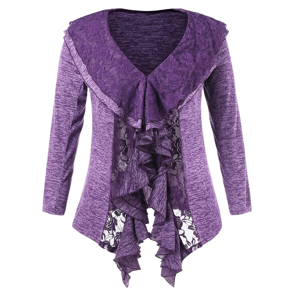 

2018 New Plus Size Lace Trim Ruffle T-Shirt Women Purple V Neck Casual Ladies Tshirt Floral Autumn Long Sleeve Elegant T Shirt
