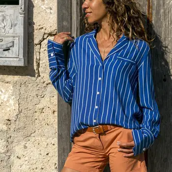 

Women Fashion Striped Suit Collar Long Sleeve Button Shirt Blouse Ladies Casual OL Shirt Elegant Tops Plus Size