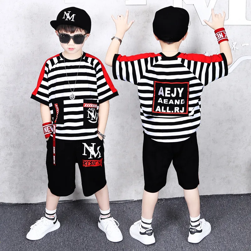 

2019 Summer New Children's Casual Stripe Hip Hop Street Dance Suit Kids Cotton Short Sleeve Round Neck T-shirt+Pants Sets
