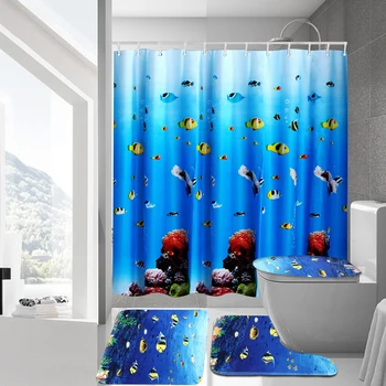 

Bathroom Washroom Fish Shower Curtain Anti-Slip Toilet Mats Set Non-Slip Pedestal Rug + Lid Toilet Cover + Floor Carpet Door Mat