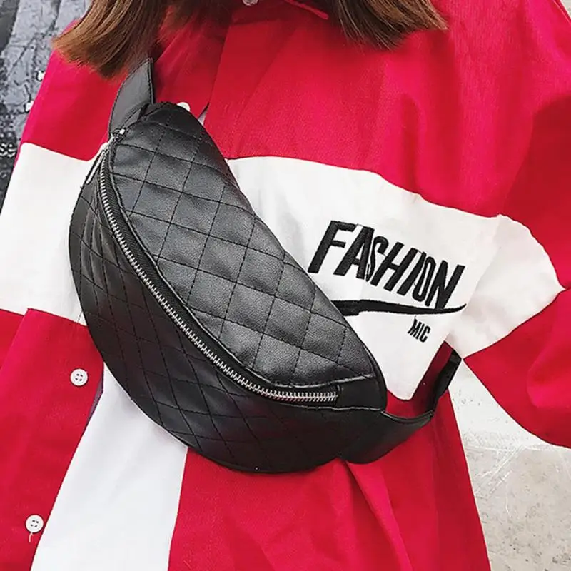 

Women Chest Pack Plaid Quilted PU Leather Waist Pack Women Girls Casual Belt Shoulder Chest Fanny Bags Pure Black Phone Key Bag