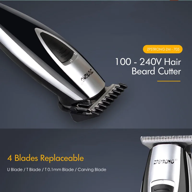

ZPSTRONG ZM-705 Electric Clipper with 4 Cutter Head 7 Limit Comb Professional Hair Beard Cutter Haircut Machine 100-240V