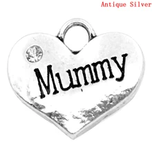 Прекрасный Шарм Подвески "Мама" сердце старинное серебристый прозрачный со стразами 16x14 мм, 20 шт(K00005