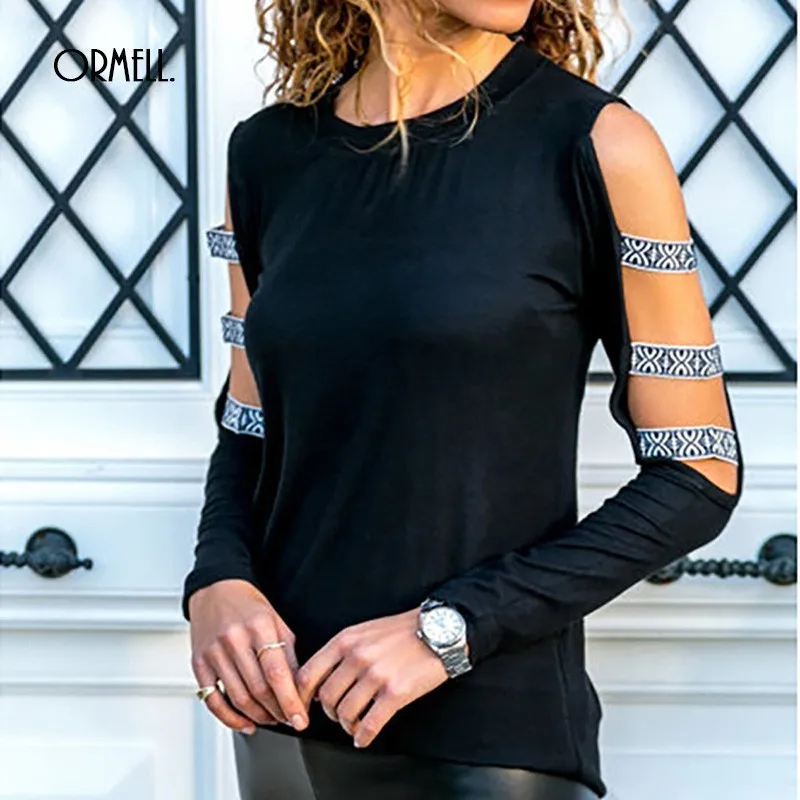 ORMELL 2019 Spring Women T Shirt Black Color Round Neck Long Sleeve Hollow Out Tee Shirts Casual T-shirt Top | Женская одежда