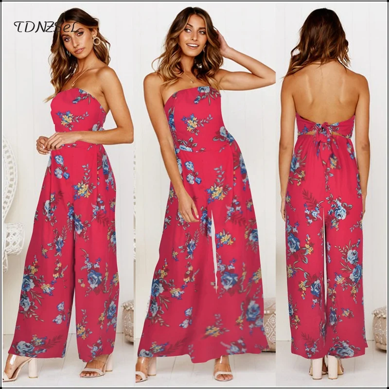 Women Strapless Print Wide Leg Flare Jumpsuit Casual Backless Bandage High Waist Loose Romper Summer Sleeveless Overall Bodysuit