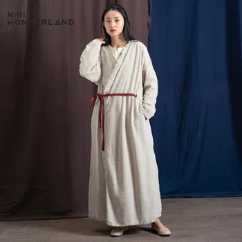 

NINI WONDERLAND Spring Cotton Linen Long Trench Coat Women Torn Edge Loose Cardigan Coats Autumn Big Size Outerwear With Belt