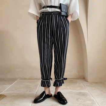 

2019 Spring Summer Korean Men Casual Loose Vertical Stripe Printing Straight Pants Black/white Bound Feet Trousers Homme M-2XL