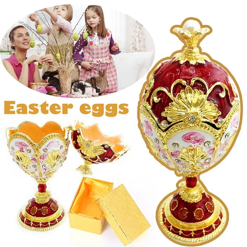 

Russian Faberge Red Jeweled Trinket Jewelry Ring Box Easter Egg Russian Craft Metal Boxes Wedding Birthday Gift For Girls