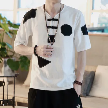 

#4525 Summer Men Linen T Shirt Chinese Style Vintage Casual Short Sleeve T Shirt V-neck Cotton Linen Black/White Plus Size 5XL
